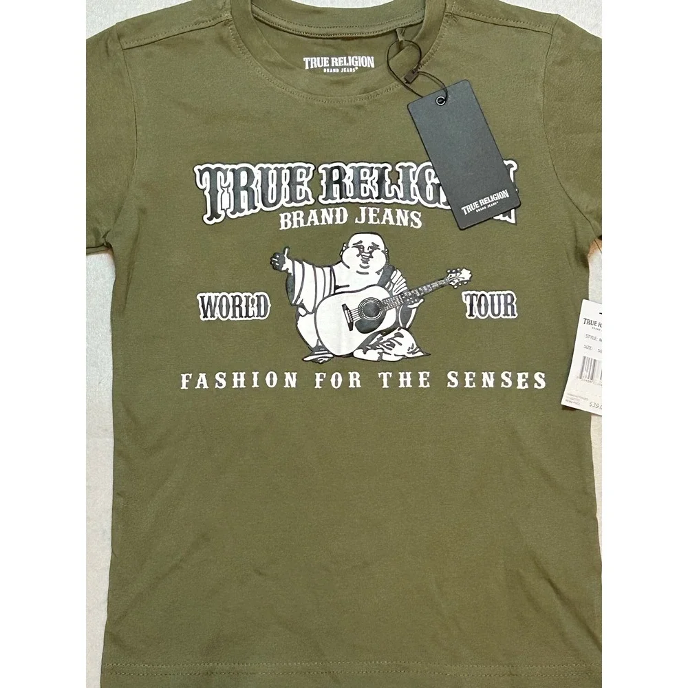 True Religion Boys Olive Green Buddha World Tour Graphic T-Shirt Size S 8 NWT